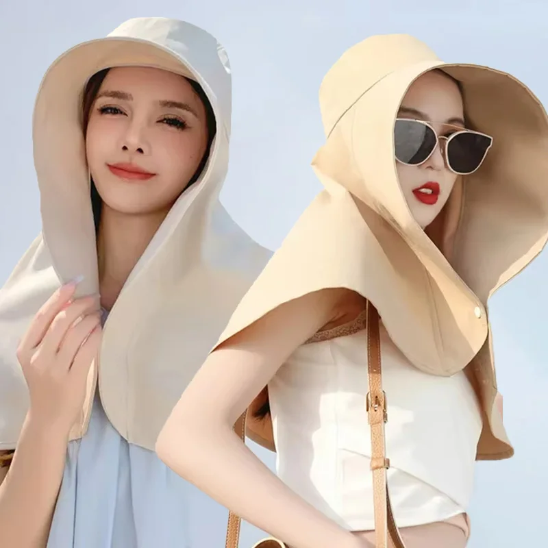 Sombrero de sol de ala Extra grande para mujer, chal con protección para el cuello, sombrilla de verano, gorra con visera Anti-UV, sombrero de playa para viajes y vacaciones al aire libre