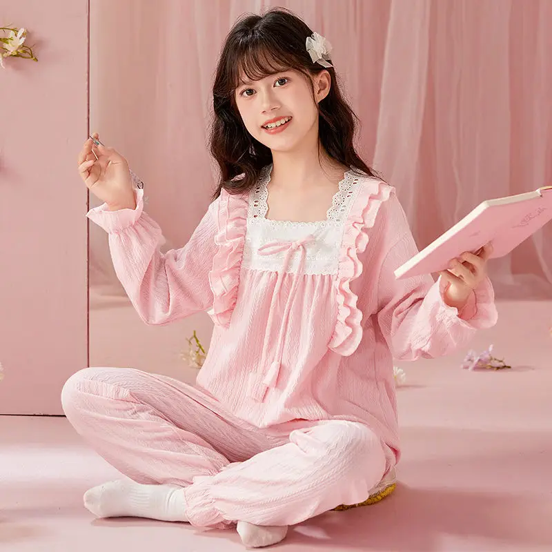 Pijama de lino y algodón transpirable para niña, traje de dos piezas, pantalones de manga larga, camisón de cuello redondo para niño, primavera y otoño