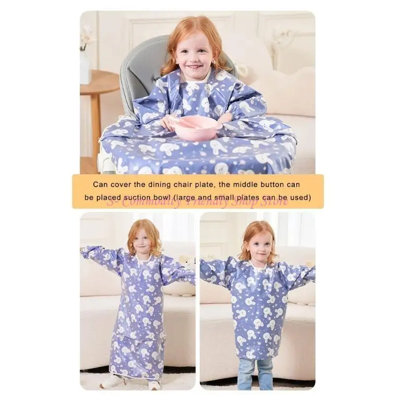 Babero alimentación bebé 85AE con funda para trona, manga larga dibujos animados, delantal lactancia