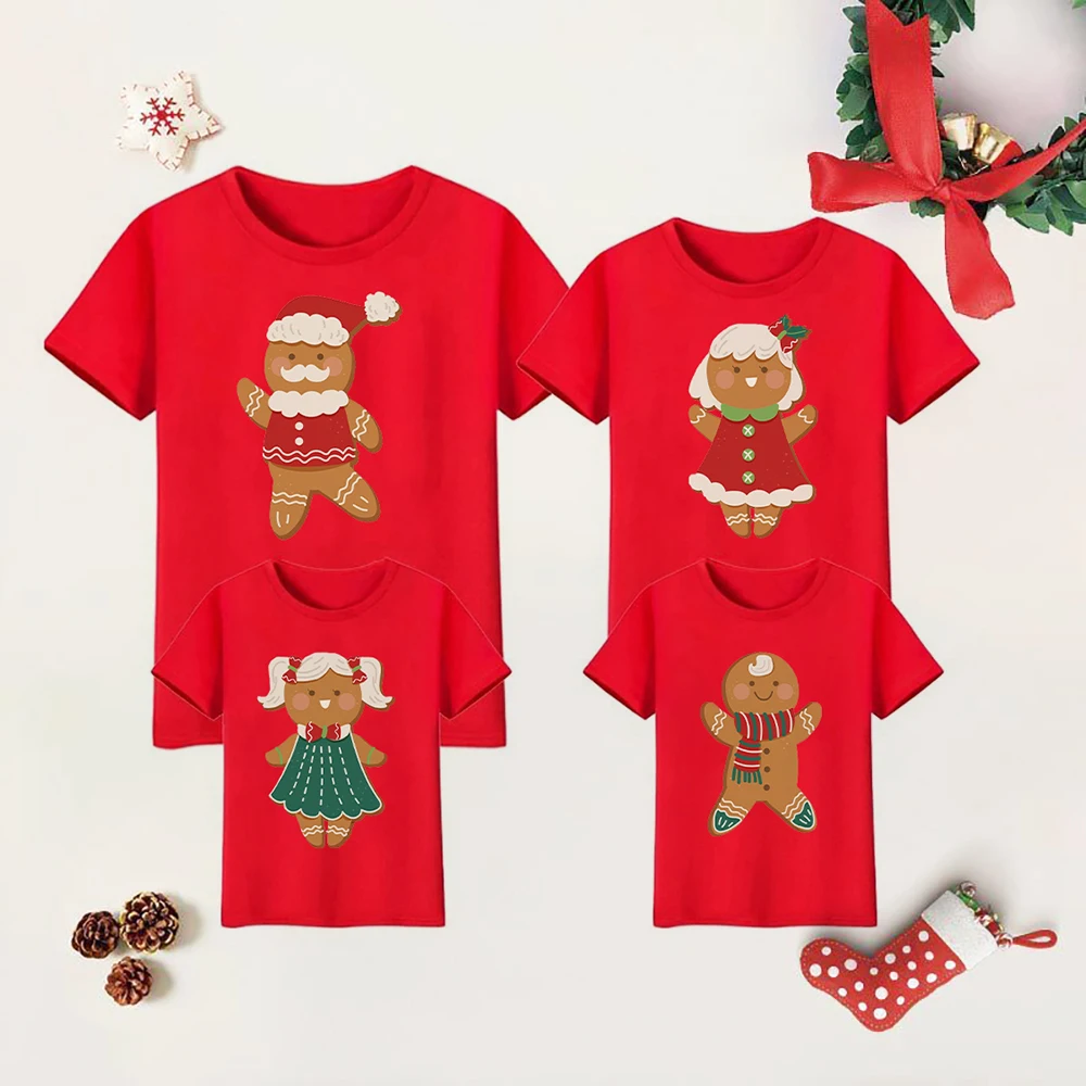 Conjuntos a juego con estampado de galletas de Navidad, camiseta roja de manga corta para mamá, papá, hija, hijo y niños, ropa de fiesta de Navidad