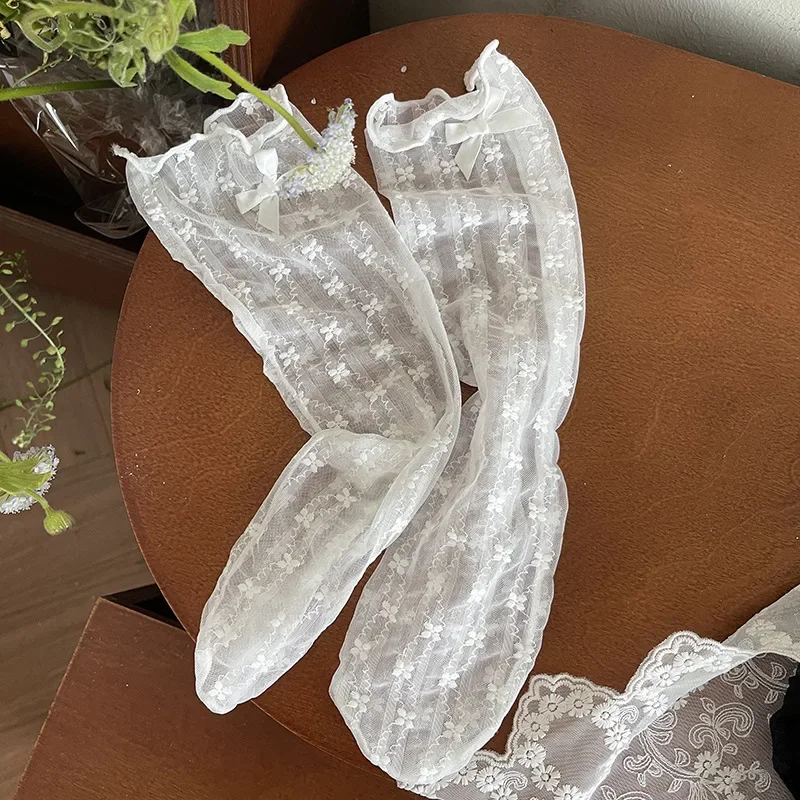 2 pares de calcetines transparentes de encaje con flores para niños y niñas, calcetines de Jacquard con lazo Floral dulce, calcetines escolares ligeros y transpirables a la moda - imagen 5