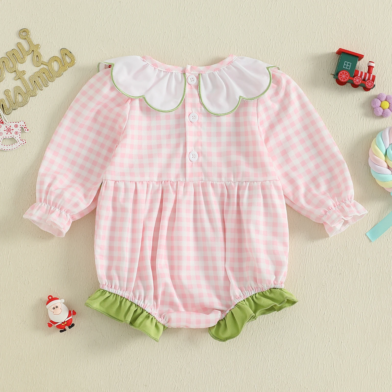 VISgogo Pelele navideño para niña de 0 a 18 meses, mono a cuadros con bordado de alces y árbol de Papá Noel, manga larga y cuello redondo - imagen 2