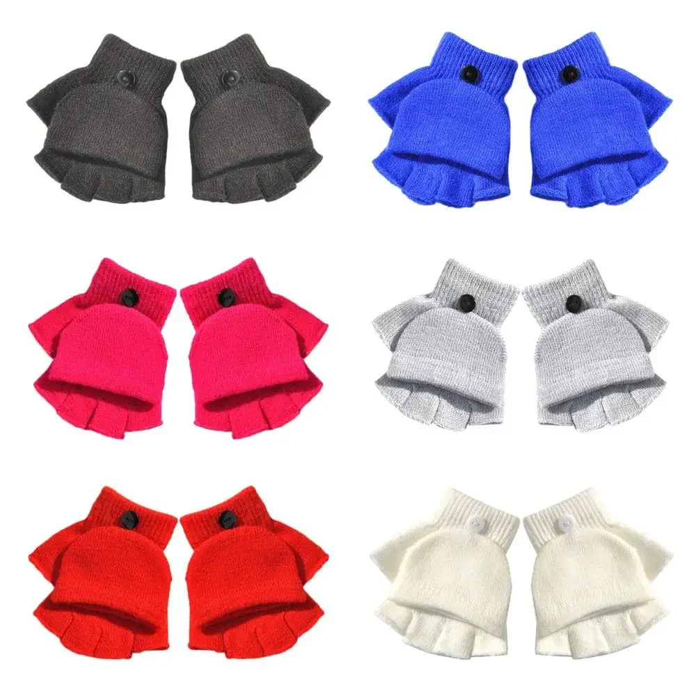 Guantes de punto gruesos para niños de 5 a 11 años, además de guantes cálidos de terciopelo para invierno, guantes sin dedos con dibujos animados abiertos para bebés y niños