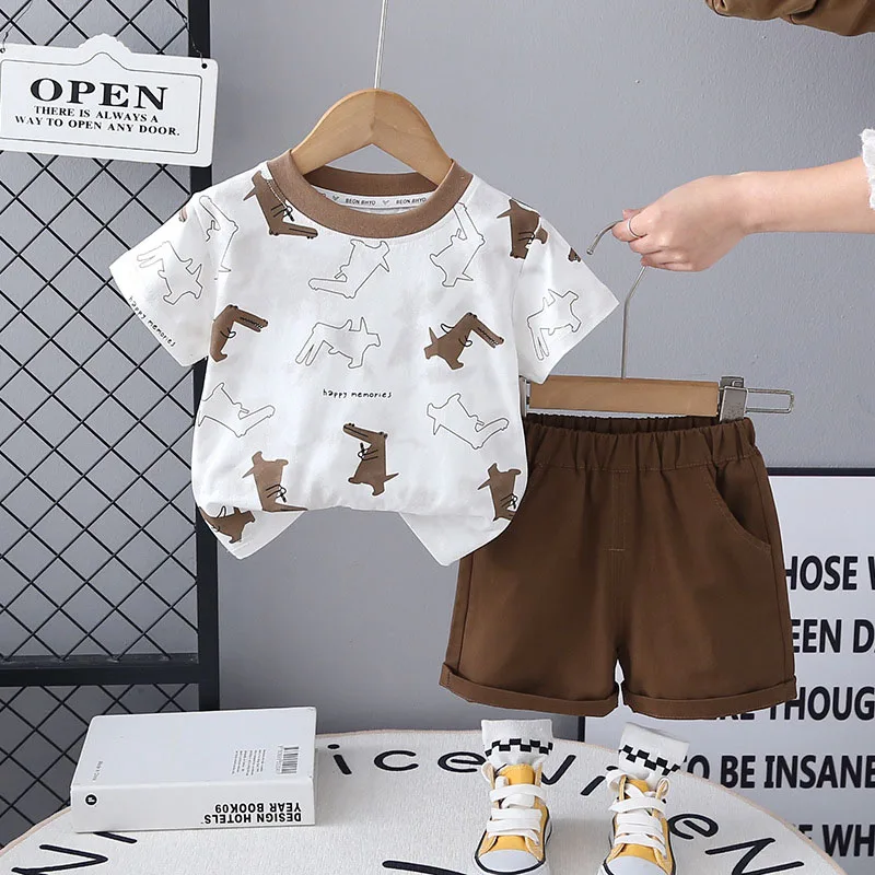 MILANCEL, nuevo conjunto de ropa de verano para niños, camiseta de cocodrilo de dibujos animados para niños + pantalones cortos de Color sólido, prendas de vestir de estilo fino para niños, 2 uds. - imagen 4