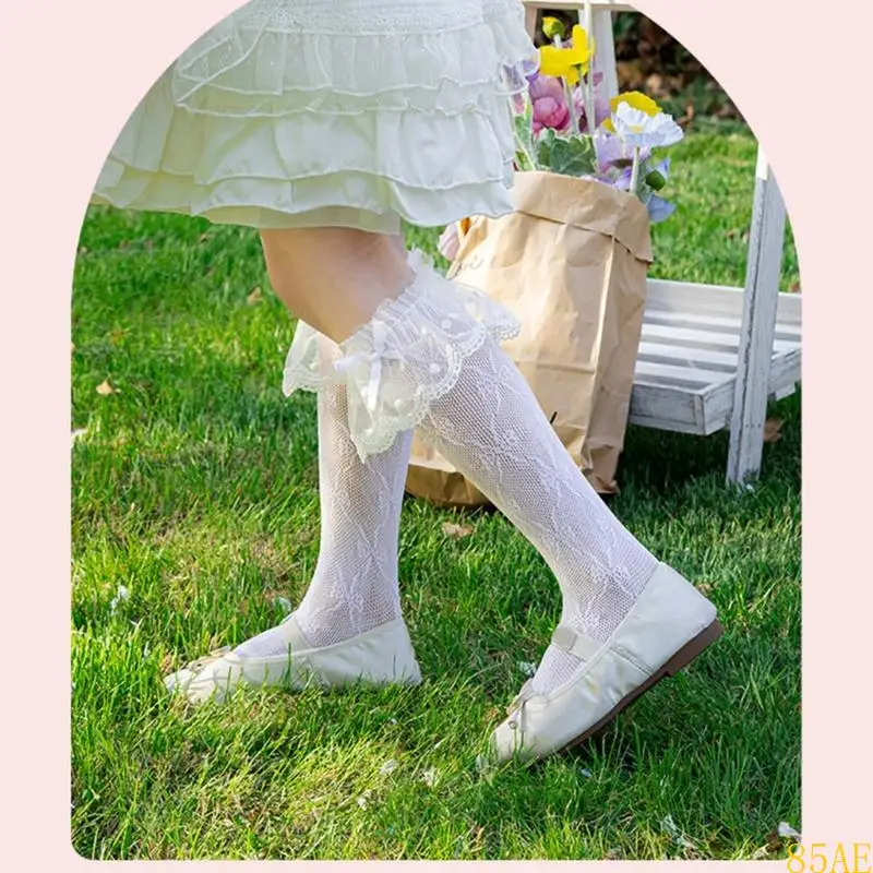 85ae calcetines dulces para niños calcetines medios con acentos encaje bownot transpirable