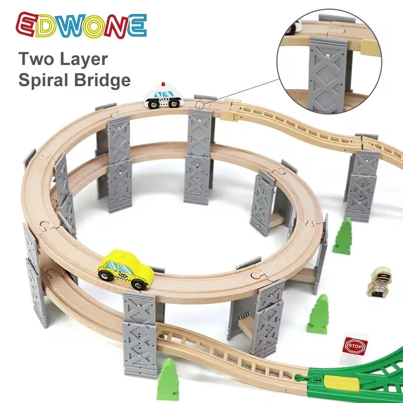 Pista de tren de madera con puentes y curvas para niños