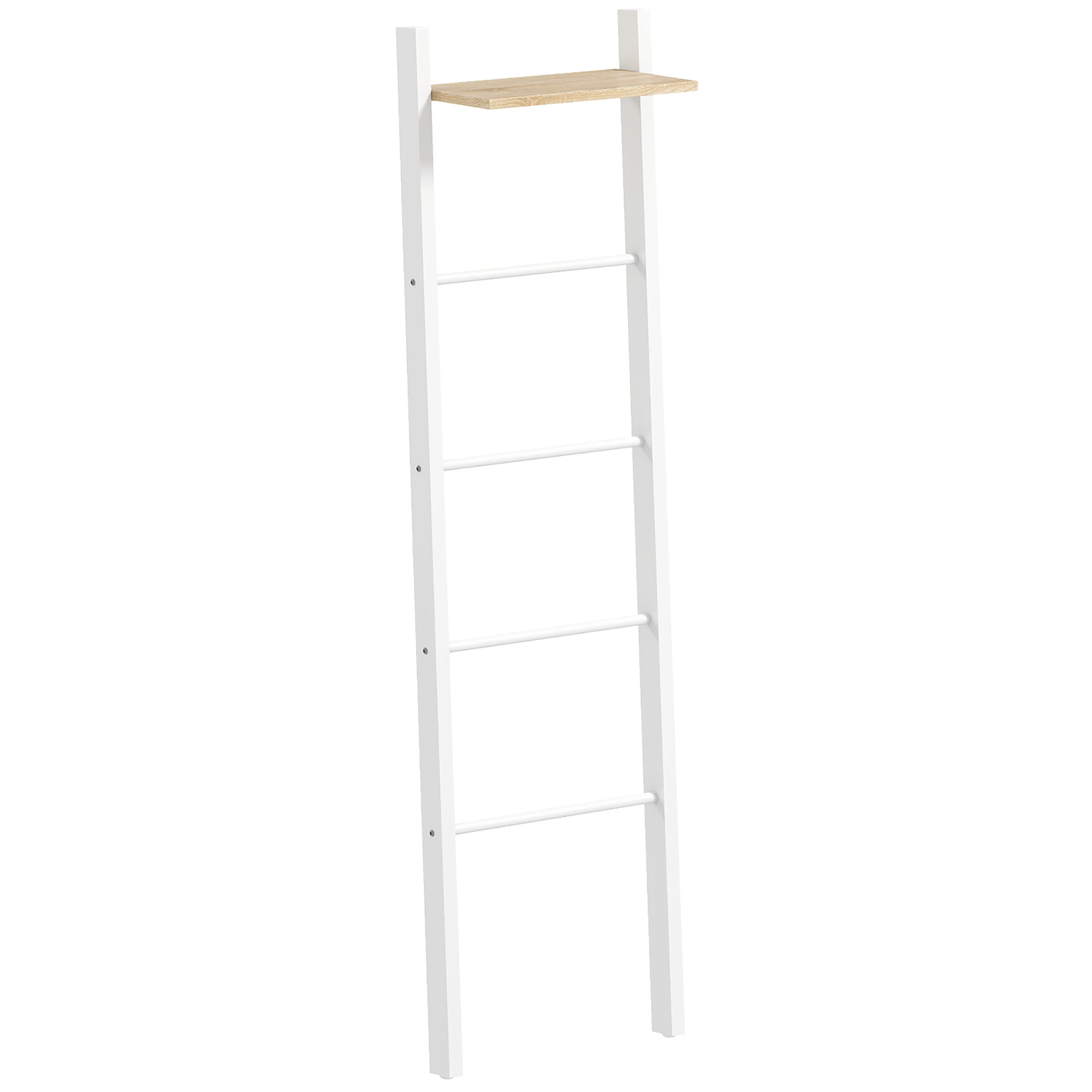 HOMCOM Toallero Escalera con Estante Superior y 4 Barras, Toallero de Baño para Apoyar en Pared, Estantería de Escalera Inclinada, para Dormitorio, Salón, 43x20x151 cm, Blanco y Roble