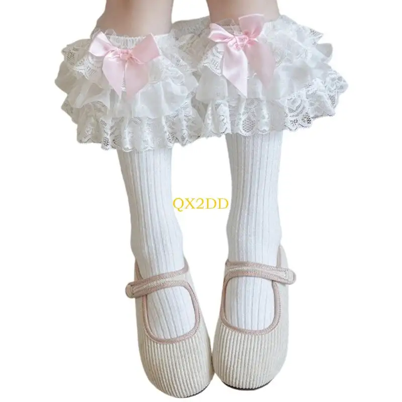 QX2D Calcetines para niños con temática lazo, calcetines elásticos algodón peinado a rayas anchas y coloridas reforzadas - imagen 3