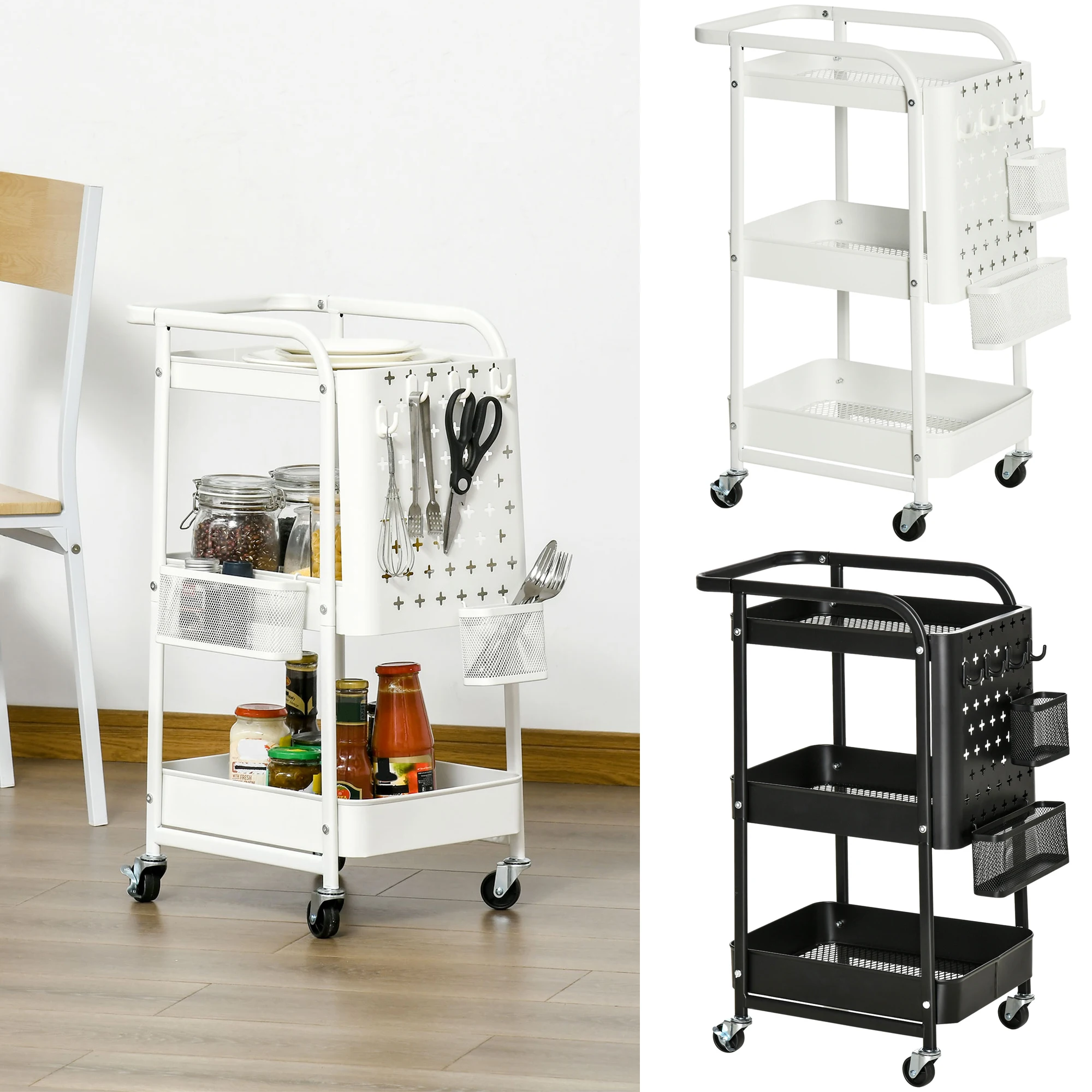 HOMCOM Carrito de Cocina con Ruedas Carro de Almacenamiento de 3 Niveles 4 Ganchos Asa 2 Cestas Colgantes y Frenos para Baño Salón Dormitorio 51,5x32x75,6 cm Negro