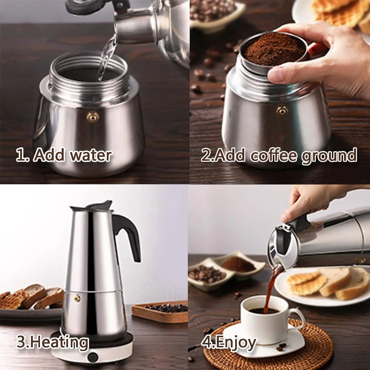 Cafetera moka para estufa 4/6/9 tazas – espresso en casa aluminio - imagen 4