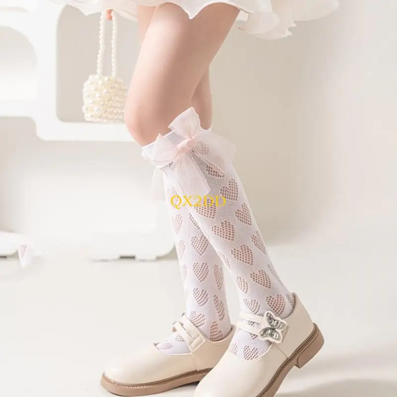 Ribrete encaje QX2D debajo calcetines rodilla con detalles volantes y detalles Bowknot para niñas dulce - imagen 5