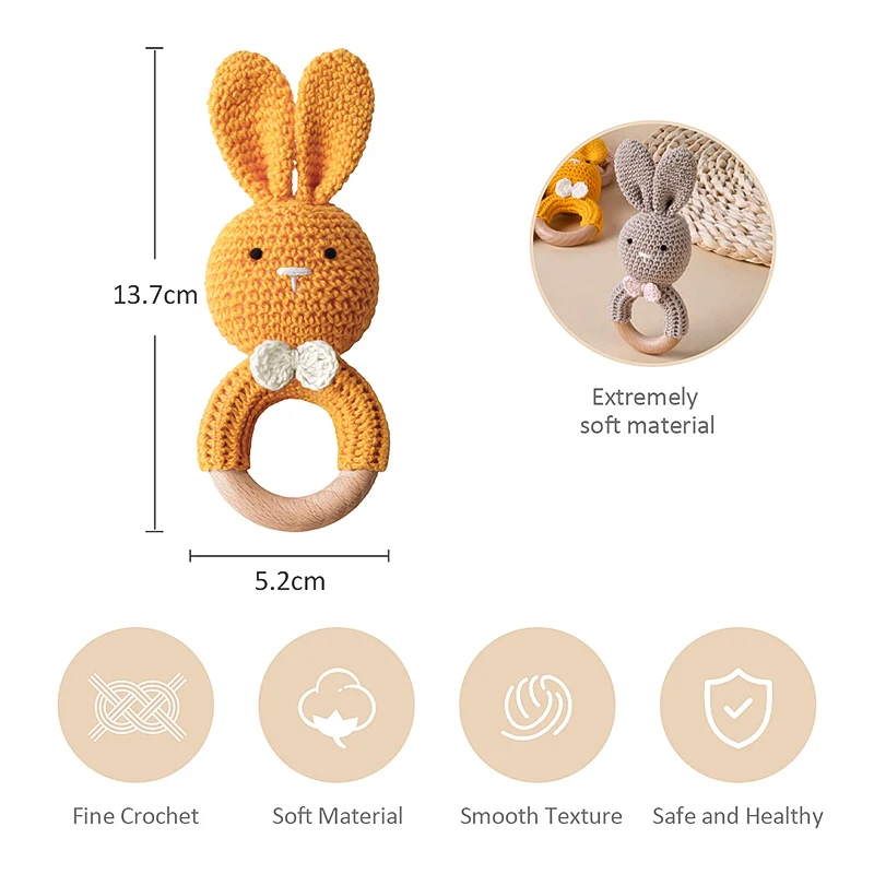 TYRY.HU-sonajero de madera de conejo pequeño para bebé, mordedor de madera para cochecito móvil, anillo de cuna, sonajero de ganchillo DIY, pulsera de chupete, mordedor sin BPA - imagen 5