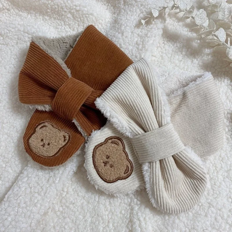 Bufanda bonita de oso de dibujos animados para niño y niña, bufanda informal de estilo coreano, Color Beige Kakhi, bufanda para niño, bufanda cálida de lana para otoño e invierno - imagen 3