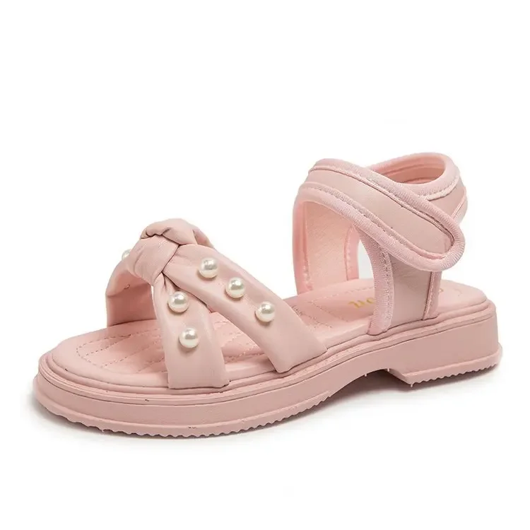 Sandalias para niñas pequeñas, novedad de verano 2025, zapatos de princesa con perlas para fiesta, boda, zapatos de playa con nudo antideslizante para vacaciones - imagen 5