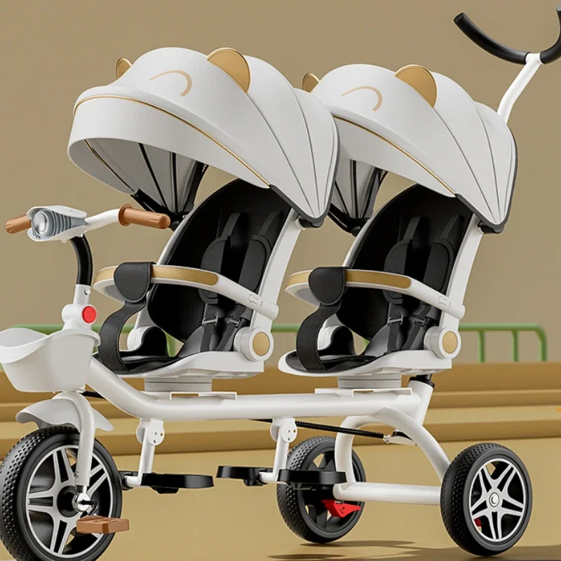 Barandilla de seguridad para triciclo para niños gemelos, freno trasero antideslizante, asiento desmontable, diseño plegable para viajes en centro comercial con portabebés doble - imagen 3