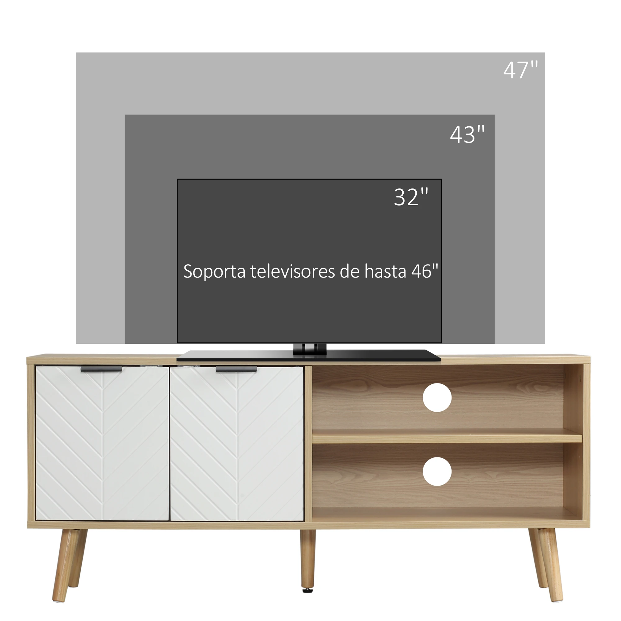 HOMCOM Mueble para TV Moderno Mesa para TV de Salón con 2 Puertas y 2 Estantes de Almacenaje para Televisores de hasta 46" para Dormitorio 110x39x48,8 cm Natural y Blanco - imagen 5