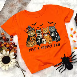 Camiseta de manga corta con estampado de gato espeluznante de Halloween para niños y niñas, disfraz de feliz Halloween, camisas de Halloween con cuello redondo para niños