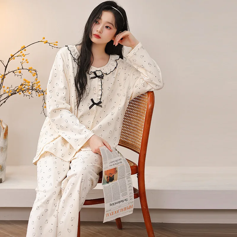 Ropa de dormir dulce de maternidad para lactancia, ropa de dormir de algodón rosa para amamantar para mujeres embarazadas, pijamas de otoño para embarazo, conjunto de ropa de noche