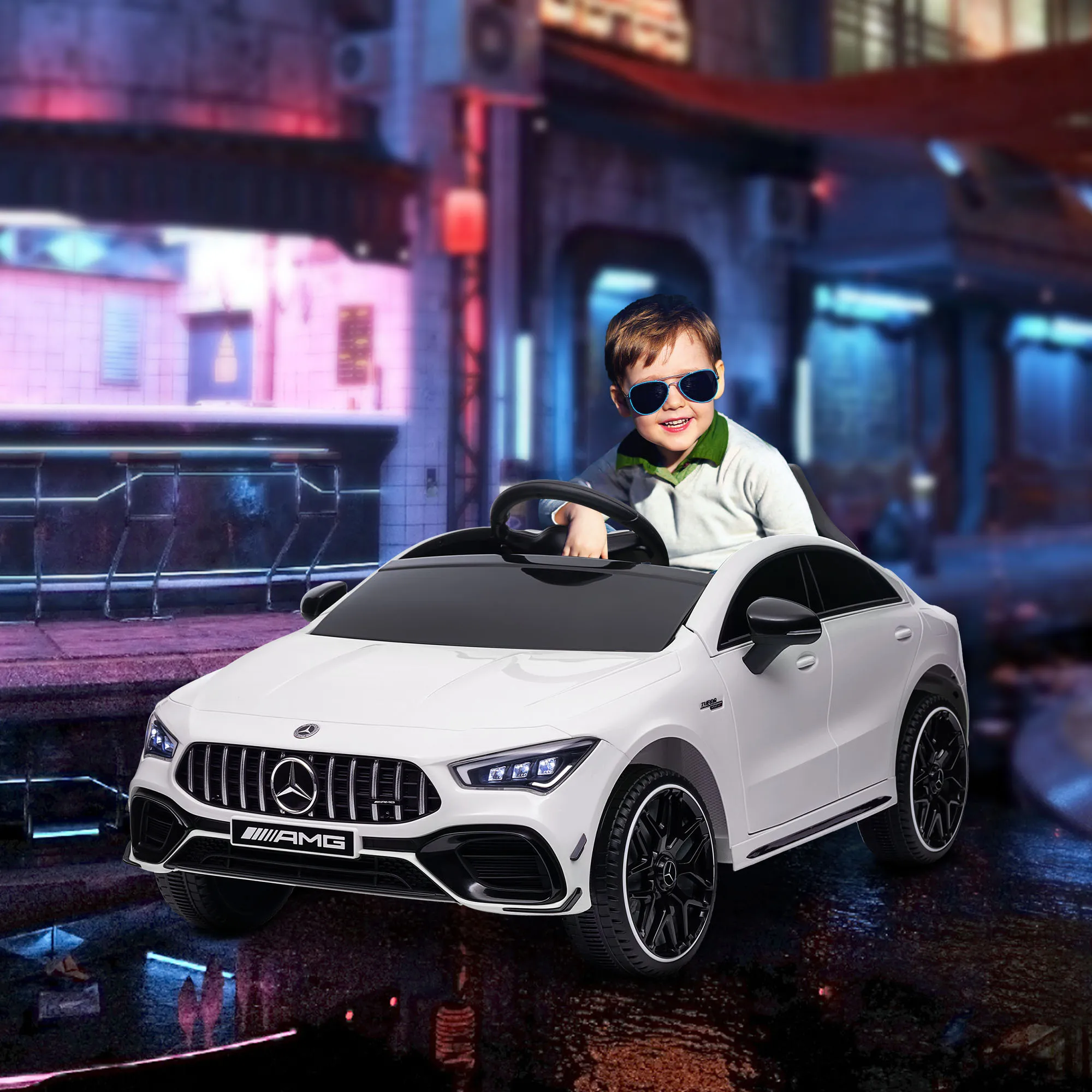AIYAPLAY Coche Eléctrico para Niños de +3 Años Mercedes-AMG CLA 45 Coche Eléctrico con Batería 12V Velocidad 3-5 km/h Mando a Distancia Faros LED Bocina y Música 110x61x45 cm