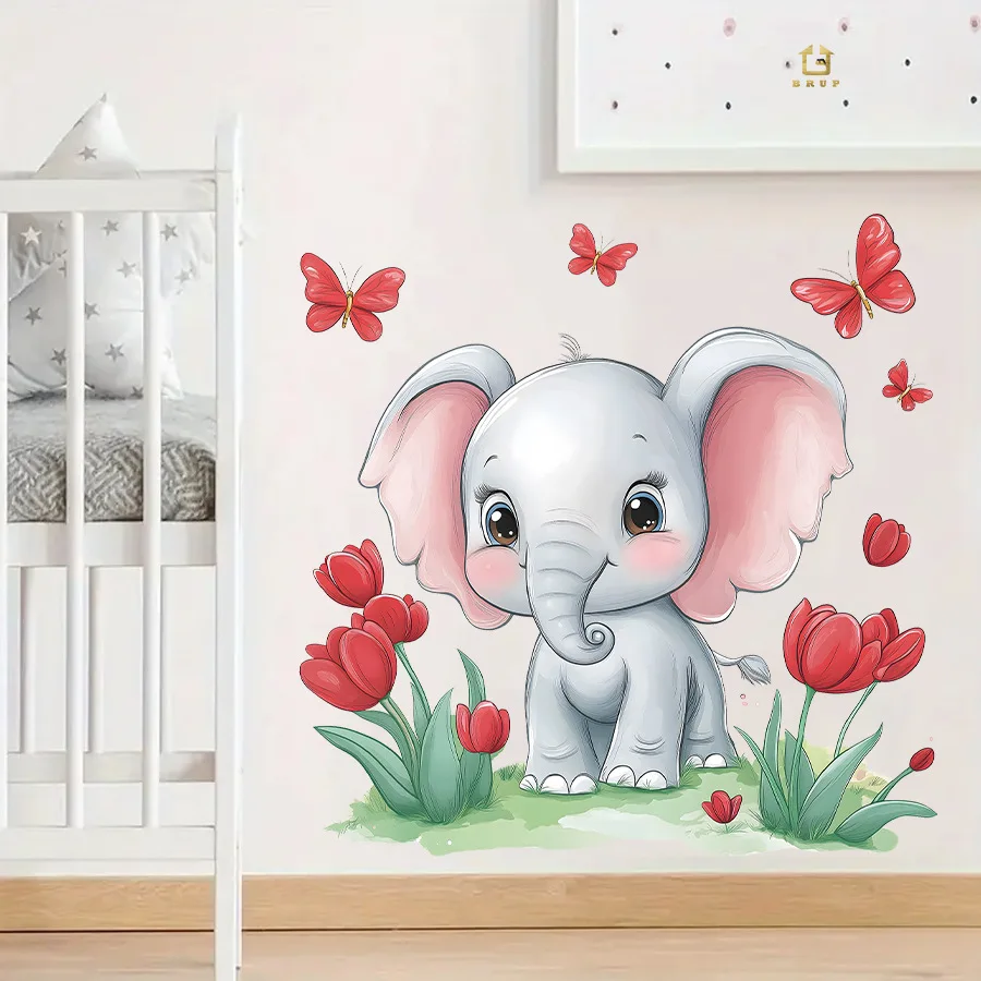 Pegatinas de pared de mariposa y elefante de dibujos animados, pegatinas de pared autoadhesivas, pegatinas de decoración de embellecimiento para habitación de niños - imagen 4