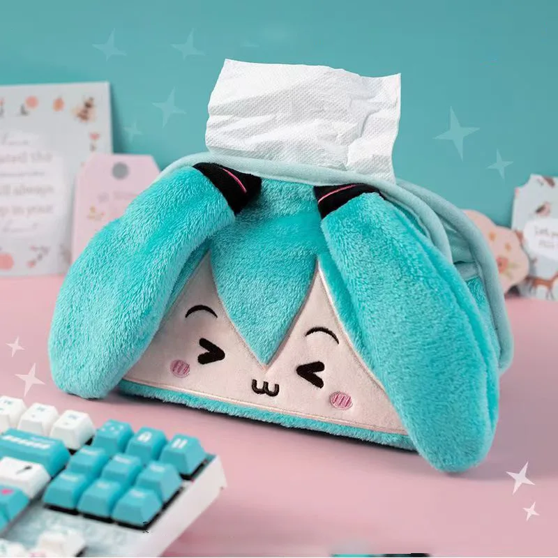 Hatsune Miku-cajas de servilletas con forma de dibujos animados de felpa, servilletero creativo de Color sólido, bolsa de pañuelos, servilletas de almacenamiento para el hogar, organizador de coche - imagen 2