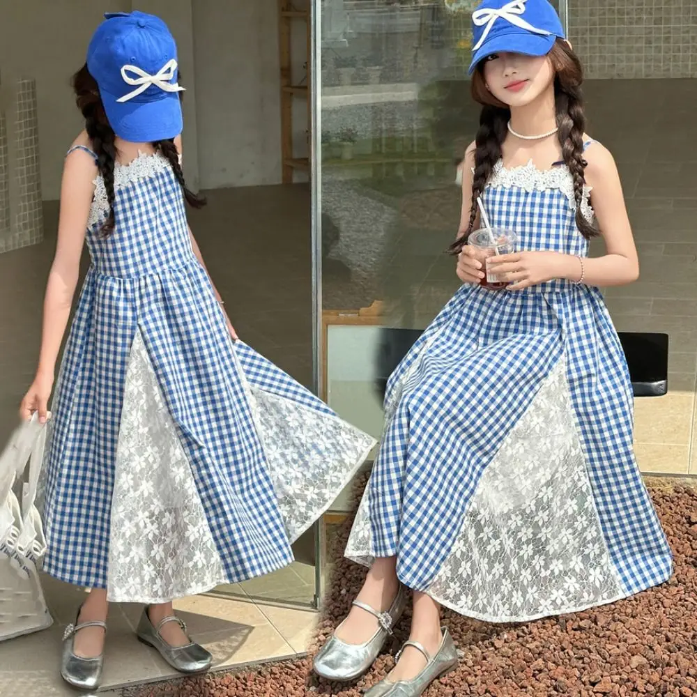 Vestido elegante a cuadros de princesa para niña, vestido de malla de encaje con tirantes para adolescentes, falda holgada sin mangas para niños, vestidos de verano - imagen 2