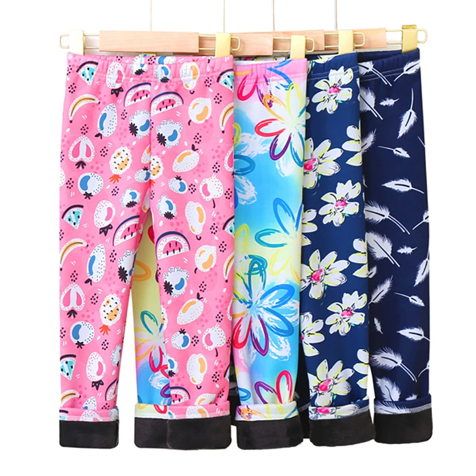 Pantalones cálidos con forro polar para niñas, mallas suaves de invierno con estampado Floral a rayas para otoño y primavera, armario para todas las niñas pequeñas - imagen 3