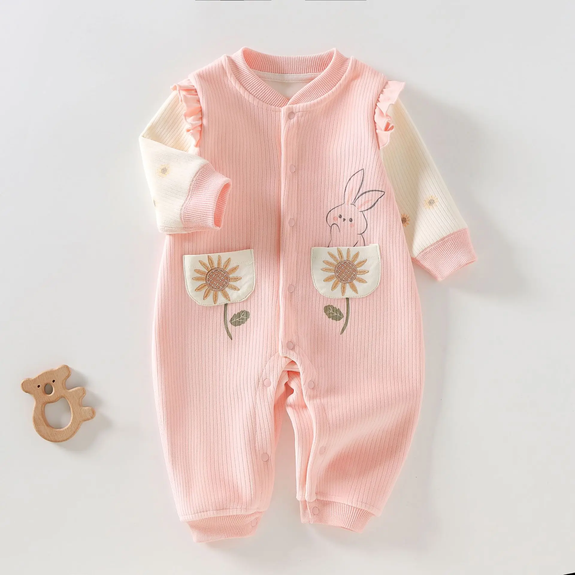 Somenie, ropa inferior para bebé, bonito pijama de lana cómodo de una pieza con estampado de girasoles para bebé, cálido para las cuatro estaciones