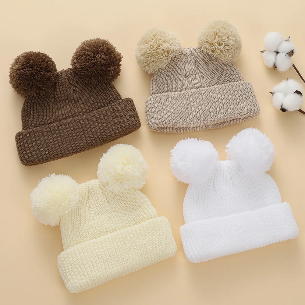 Gorro con pompón bonito de punto liso de 0 a 12M, turbante para niños y niñas recién nacidos, gorros de Hospital, diademas infantiles para Otoño e Invierno, gorros para chico