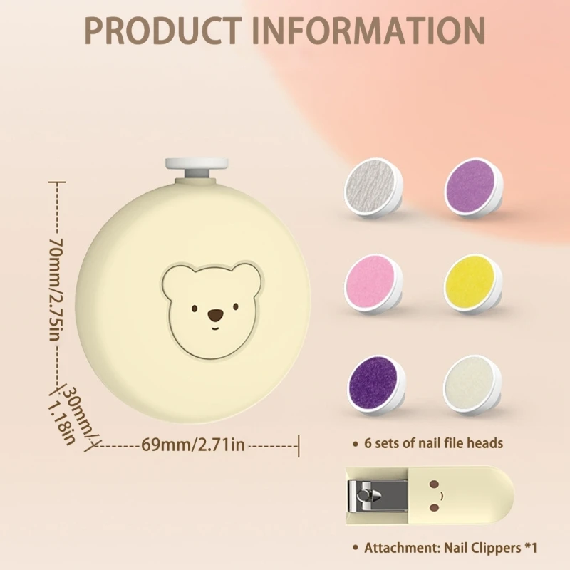 Cortauñas eléctrico de oso de dibujos animados para bebé, lima de uñas eléctrica, tijeras para uñas de bebé, Kit de molinillo de lima de uñas seguro para bebé - imagen 4