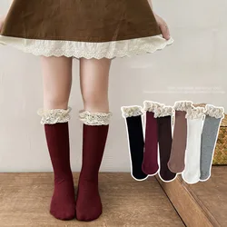 MILANCEL, nuevos calcetines hasta la rodilla de primavera para niños, 3-10T, dulce adorno de encaje, calcetines de tubo para niñas, estilo Preppy, calcetines para niños en 6 colores