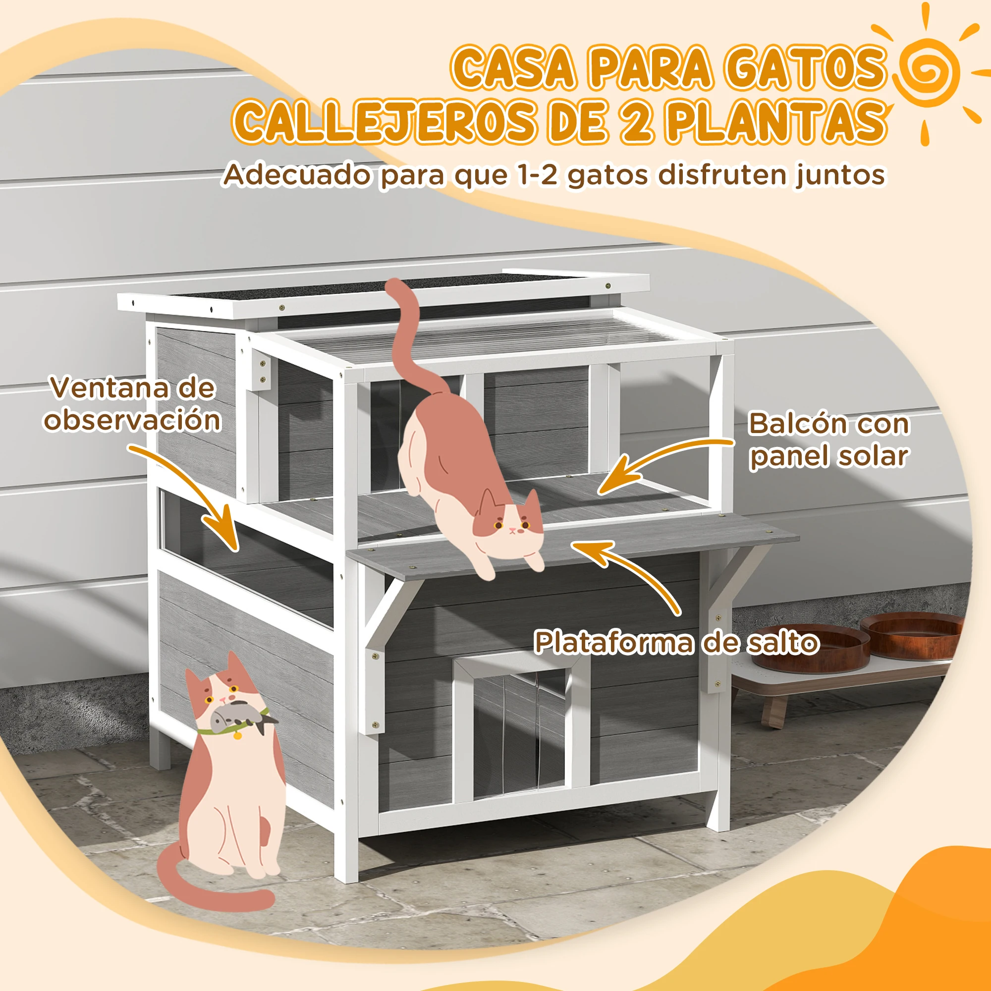 PawHut Caseta para Gatos de Madera 64x87x76 cm Casa para Gatos de 2 Niveles Refugio para Gatos con Techo Asfáltico Ventana y Puerta con Cortina para Interior y Exterior Gris Claro - imagen 5