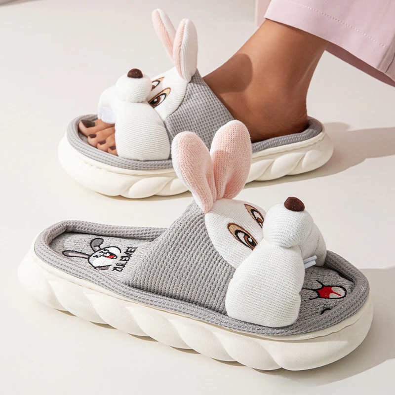Zapatillas bonitas de dibujos animados para hombre y mujer, zapatos de primavera y verano, tobogán de interior de lino y algodón transpirable para el hogar, zapatilla para el suelo de la casa para parejas - imagen 4