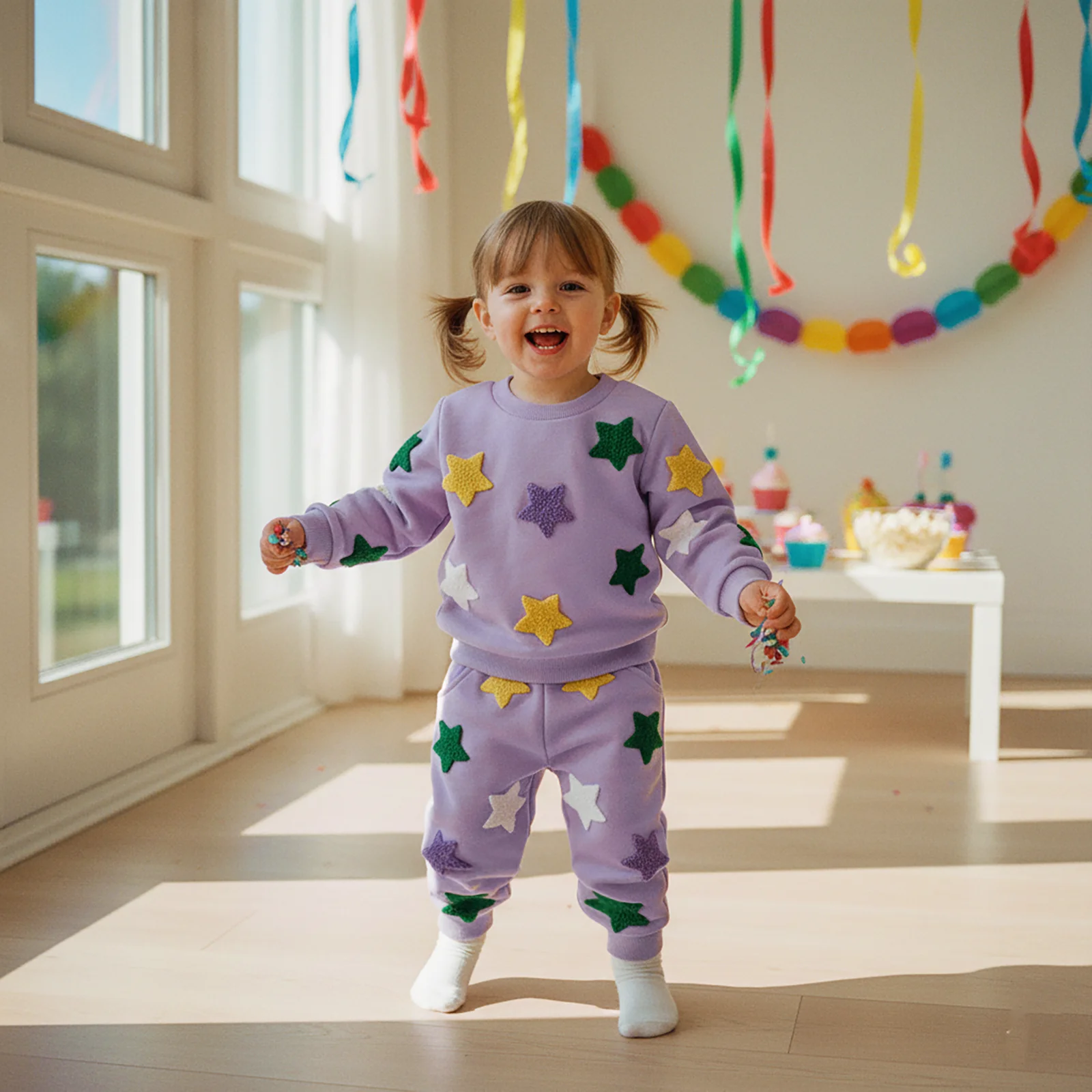 Suefunskry Conjunto de sudadera y pantalones de cintura elástica con bordado de estrellas coloridas y cuello redondo de manga larga para niño y niña - imagen 5