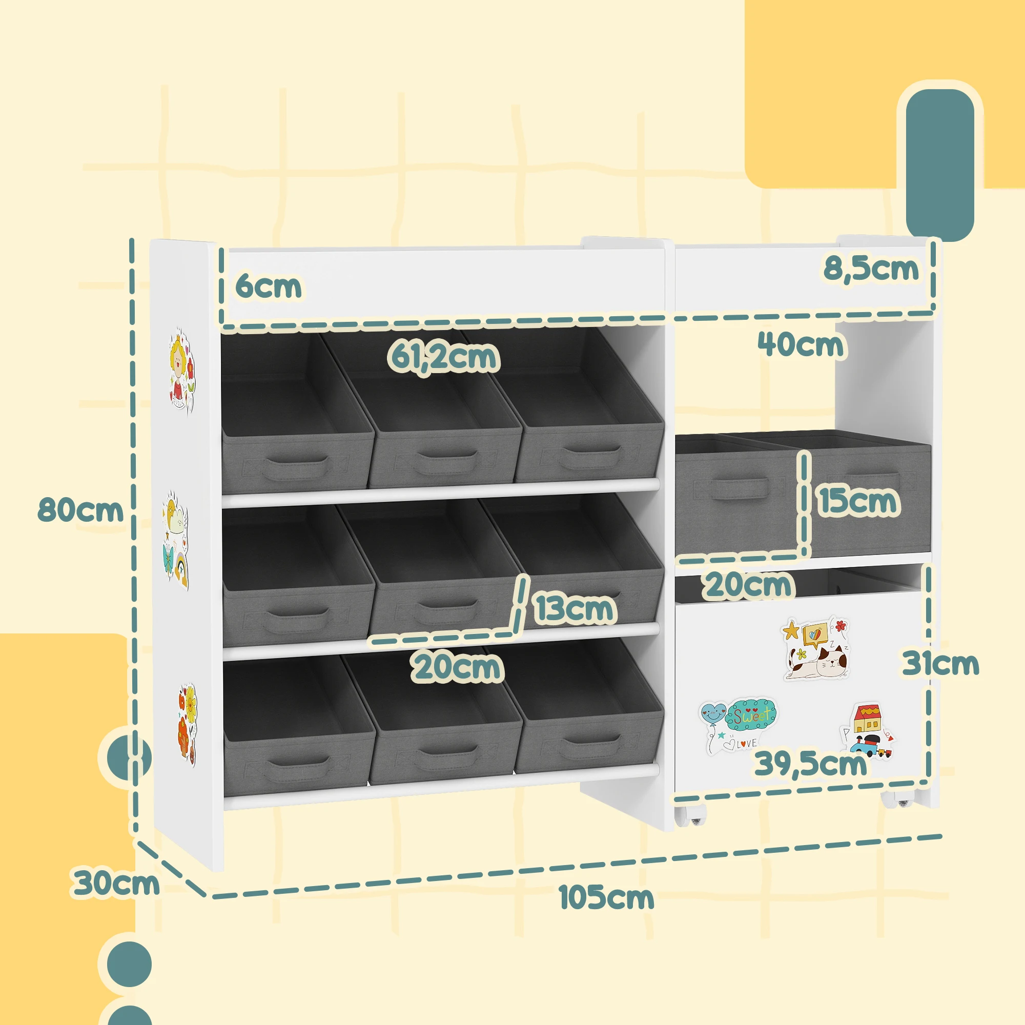 AIYAPLAY Estantería para Juguetes para Niños Organizador Infantil con 11 Cestas Extraíbles Compartimentos y Láminas de Pegatinas para Guardería Sala de Juegos 105x30x80 cm Blanco - imagen 3