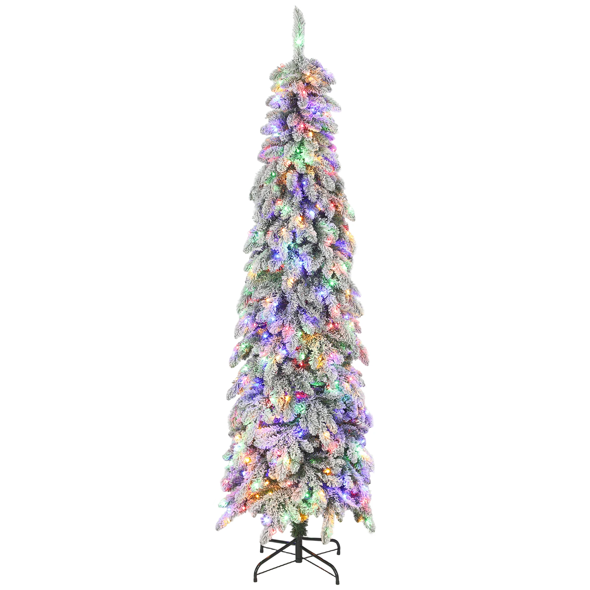 HOMCOM Árbol de Navidad Estrecho 225 cm, Árbol de Navidad Nevado con Luces LED Bicolor, 11 Modos de Iluminación con Temporizador, 800 Ramas, Soporte de Acero, Montaje Fácil, Verde