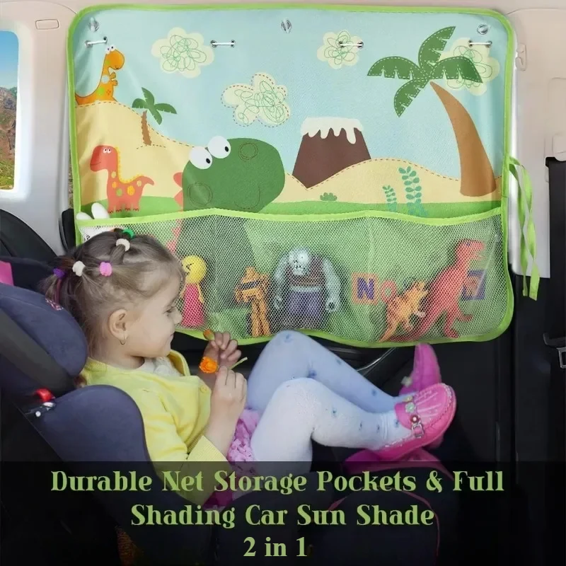 Cortina pirata para ventana de coche, parasol de dinosaurio para Bebé y Niño, con bolsillo de red de almacenamiento, protección contra el sol y los rayos UV