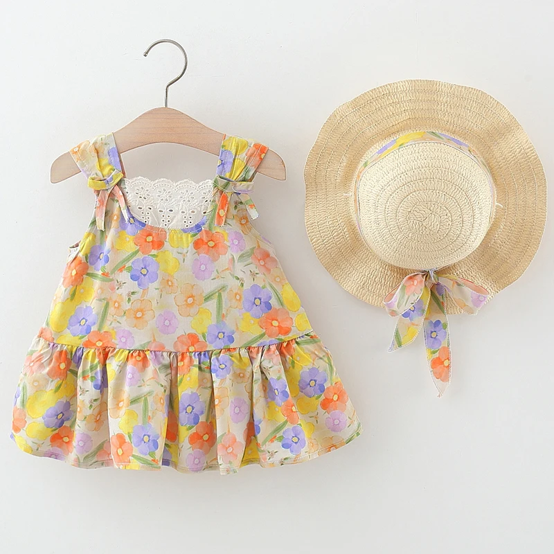 Ropa de verano para niño niña, 2 piezas, moda coreana, bonito vestido de princesa sin mangas de algodón con estampado de flores + sombrero para el sol, vestidos para bebé BC494