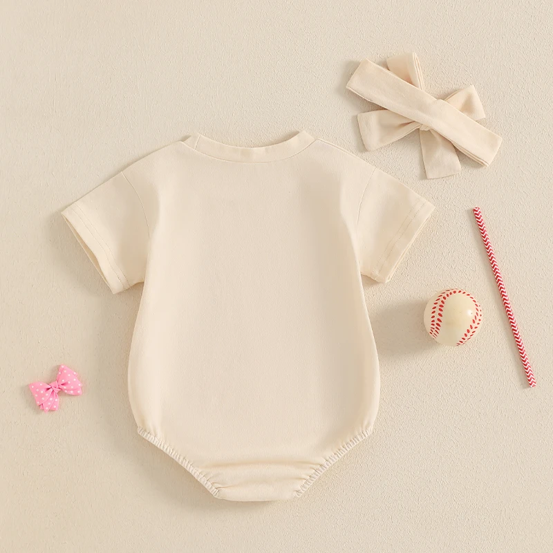 Peleles para niñas de 0 a 18 meses, monos infantiles de manga corta con estampado de lazo de béisbol, monos con diadema - imagen 3