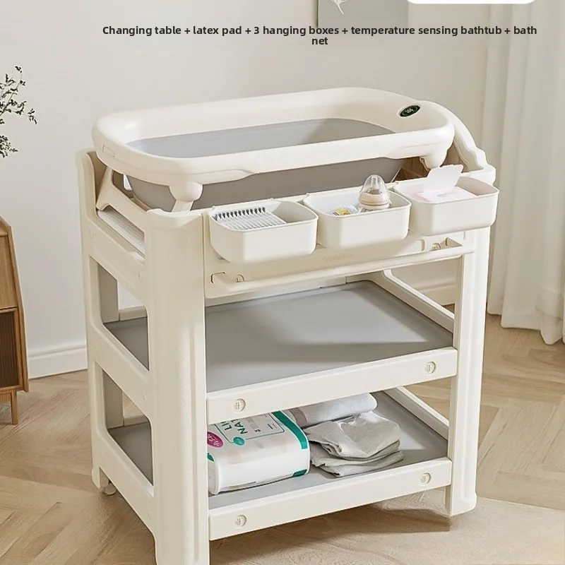 Cambiador de pañales para bebés y estación de baño, gabinete de almacenamiento y cuidado infantil móvil, organización de dos capas con parte superior de cojín suave - imagen 3