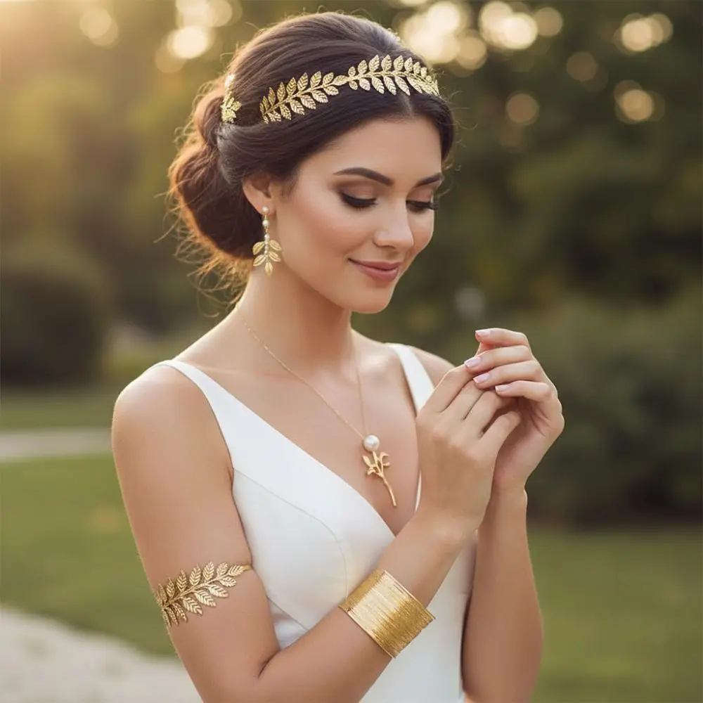 Conjunto de joyería de boda barroca para mujer, pendientes de novia dorados, joyería para el cabello de diosa griega, diademas para el cabello con diseño de hojas - imagen 2