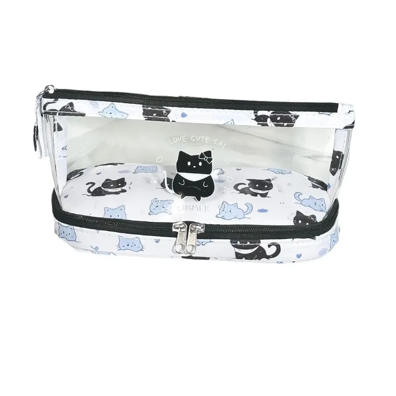 Bolsa transparente para bolígrafos de dibujos animados, estuche para lápices de doble capa con gato/cán, bolsa de almacenamiento de papelería multifuncional portátil para estudiantes - imagen 5