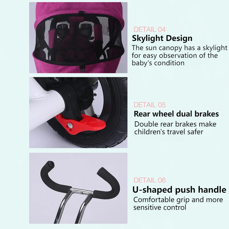 Triciclo plegable 4 en 1 para niños, cochecito para sentarse y tumbarse con dosel grande, triciclo con freno doble, respaldo ajustable de 3 velocidades, portátil - imagen 3