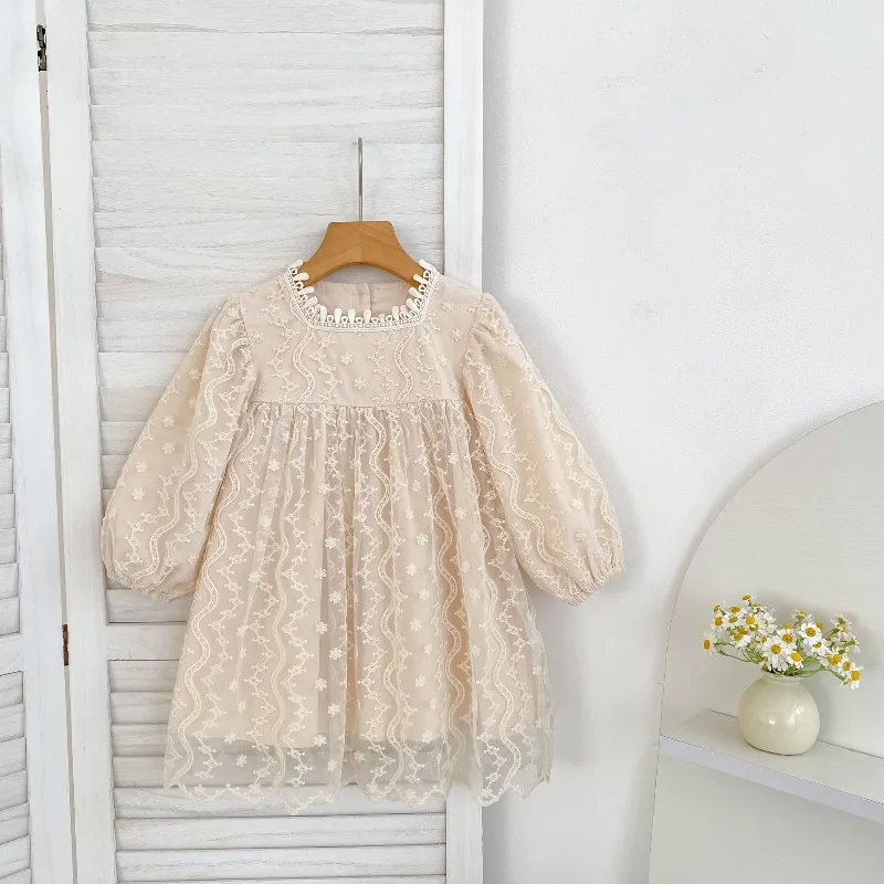 Vestidos de princesa de encaje de tul para niñas de estilo coreano: trajes para hermanos bordados de manga larga, ropa para niños esponjosa y agradable para la piel - imagen 5