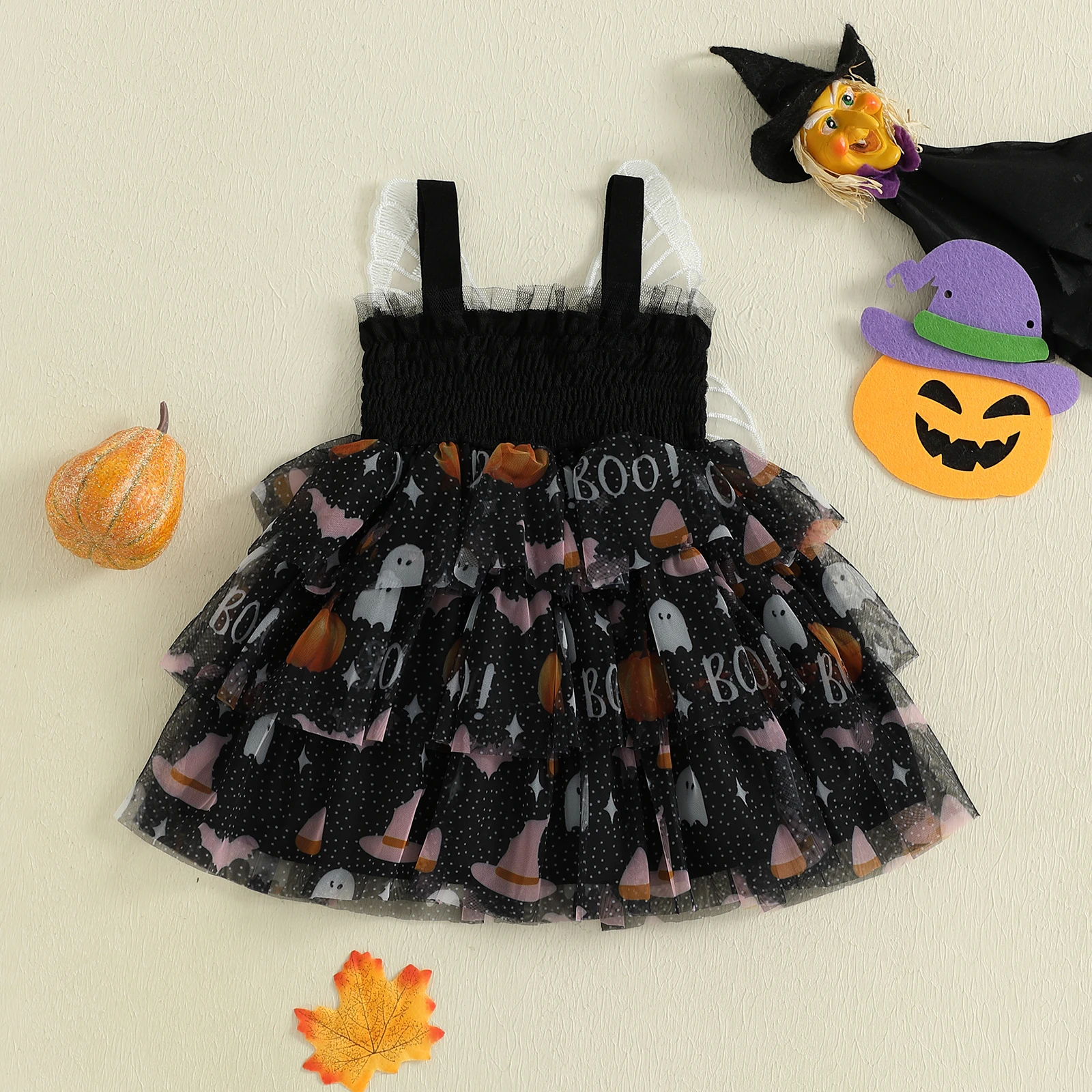 VISgogo Vestido de Halloween para niña de 1 a 4 años, vestido de tul en capas con alas de mariposa y cuello cuadrado ahumado de murciélago/fantasmo sin mangas - imagen 3