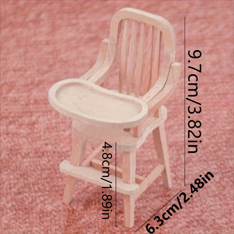 Silla alta de madera en miniatura para bebé, modelo realista, muebles para casa de muñecas con veta de madera marrón claro y acento blanco, escala 1/12 - imagen 2