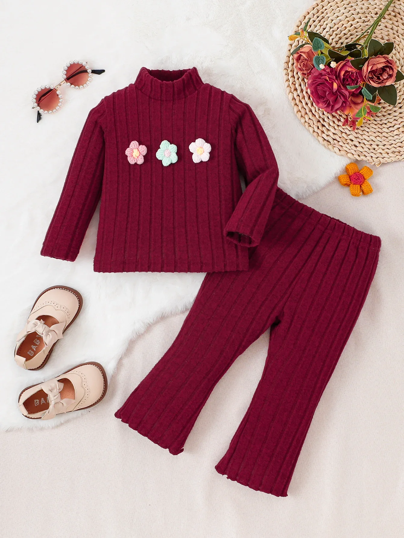 Conjunto de punto para niña pequeña, pantalones de manga larga a rayas lisas con decoración de flores, ropa informal de otoño e invierno para niño de 0 a 3 años, 2 uds. - imagen 4