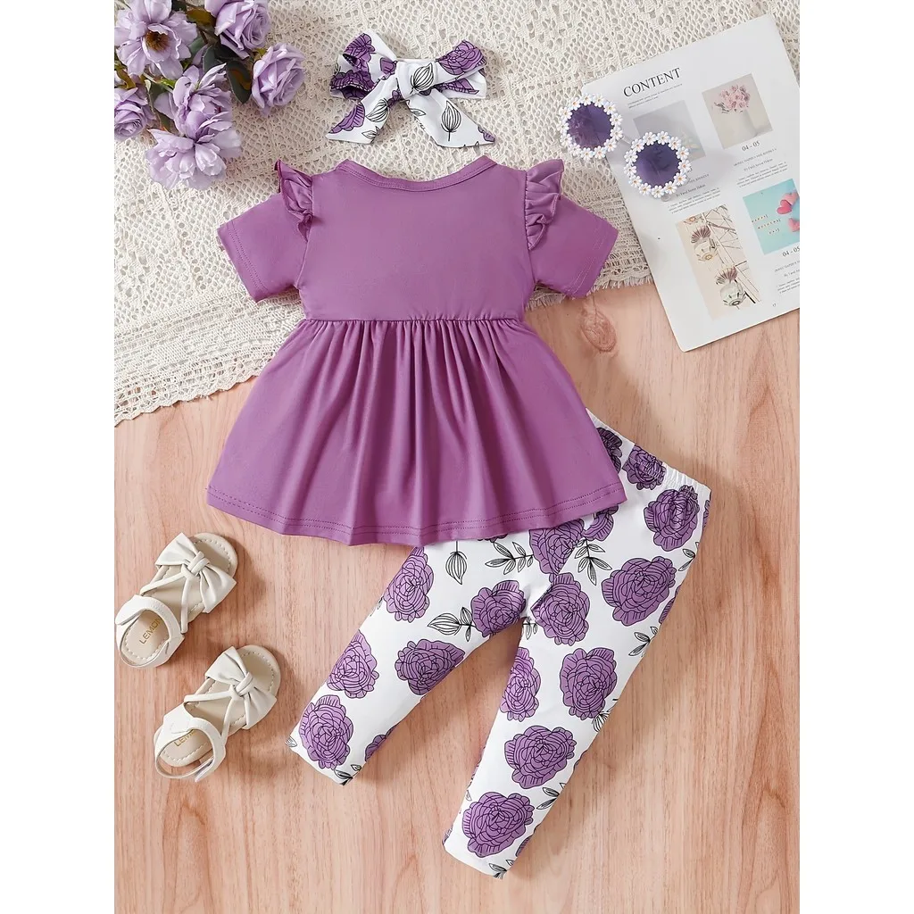 Conjunto de ropa de 3 uds para niña de 0 a 3 años, Top morado de manga corta, pantalones florales y diadema, trajes diarios de verano a la moda para niño niña - imagen 5