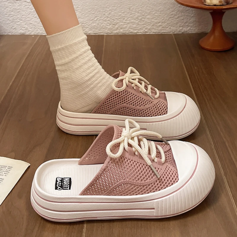 Zapatillas de plataforma de verano con cordones de malla transpirable para mujer, zapatos de calle para el hogar, sandalias sin cordones de estilo coreano con suela gruesa para niñas - imagen 2