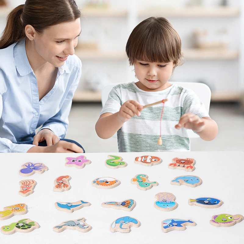 Juguetes de pesca magnéticos de madera Montessori, juegos de peces cognitivos de vida marina, juguete educativo para edades tempranas para niños, interactivo entre padres e hijos - imagen 3